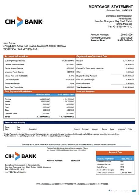 Download Morocco Crédit Immobilier et Hôtelier mortgage statement Word and PDF template Photoshop template